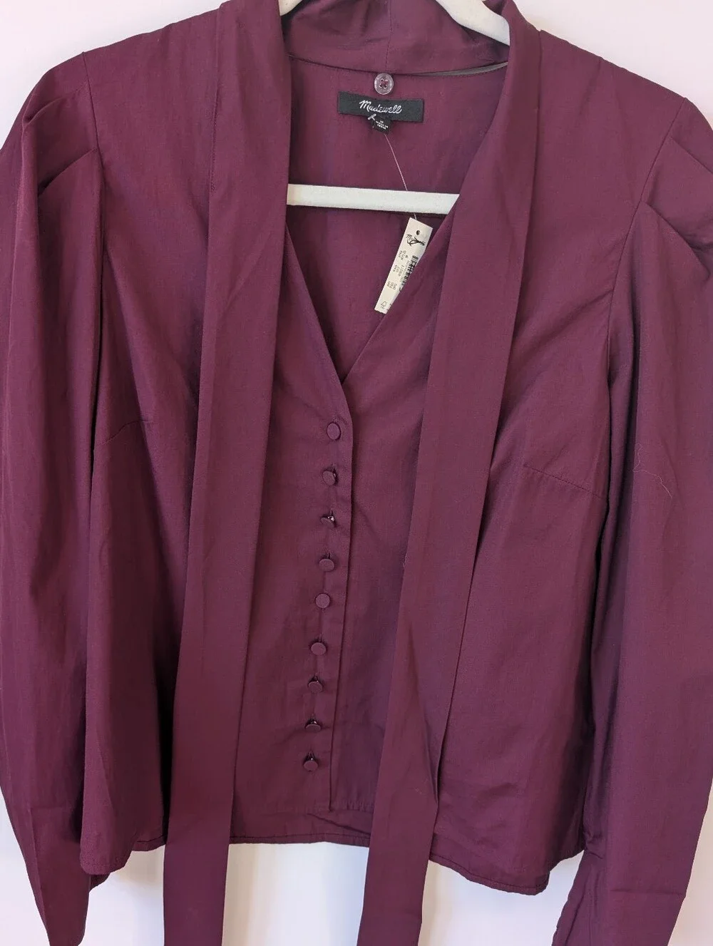 Madewell Neck Tie Button-Down Blouse in Deep Plum / Burgundy (Size M)